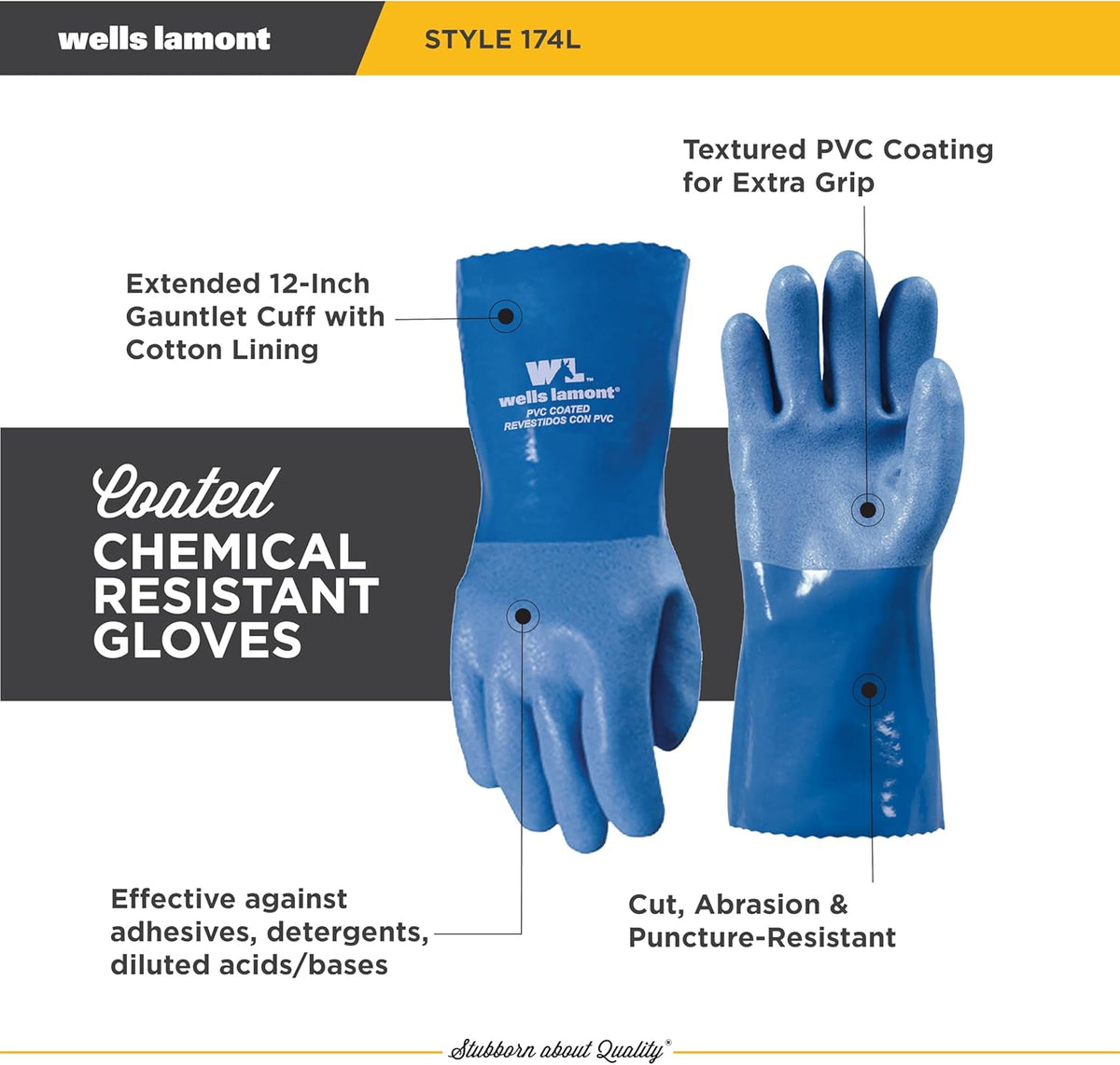 Heavy Duty Rubber Gloves with PVC Coating, Chemical and Abrasion Resistant, Waterproof, 12-Inch Cuff, Large, Blue (174L)