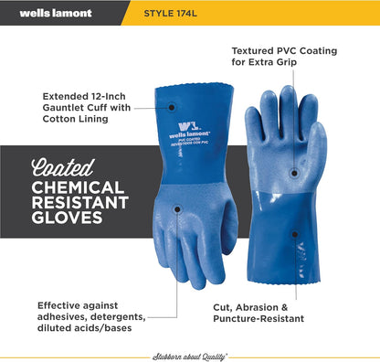 Heavy Duty Rubber Gloves with PVC Coating, Chemical and Abrasion Resistant, Waterproof, 12-Inch Cuff, Large, Blue (174L)