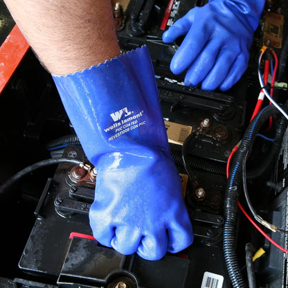 Heavy Duty Rubber Gloves with PVC Coating, Chemical and Abrasion Resistant, Waterproof, 12-Inch Cuff, Large, Blue (174L)