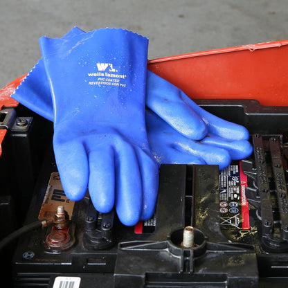 Heavy Duty Rubber Gloves with PVC Coating, Chemical and Abrasion Resistant, Waterproof, 12-Inch Cuff, Large, Blue (174L)