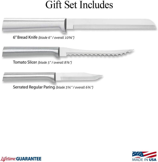 Sensational Serrations Gift Set (S54), Silver Handle | 3-Piece Knife Set , Stainless Steel Blade, Silver Cast Aluminum Handle