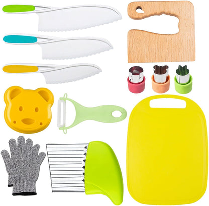13 Pcs Wooden Kids Kitchen Knife, Kids Knife Set with Gloves Cutting Board Bear Sandwich Cutter Fruit Vegetable Cutters Serrated Edges Plastic Knifes for Real Cooking Kid Safe Knives