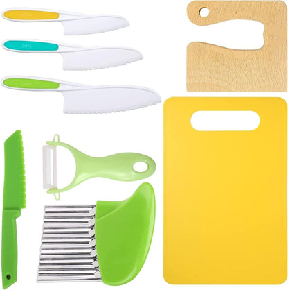 13 Pcs Wooden Kids Kitchen Knife, Kids Knife Set with Gloves Cutting Board Bear Sandwich Cutter Fruit Vegetable Cutters Serrated Edges Plastic Knifes for Real Cooking Kid Safe Knives