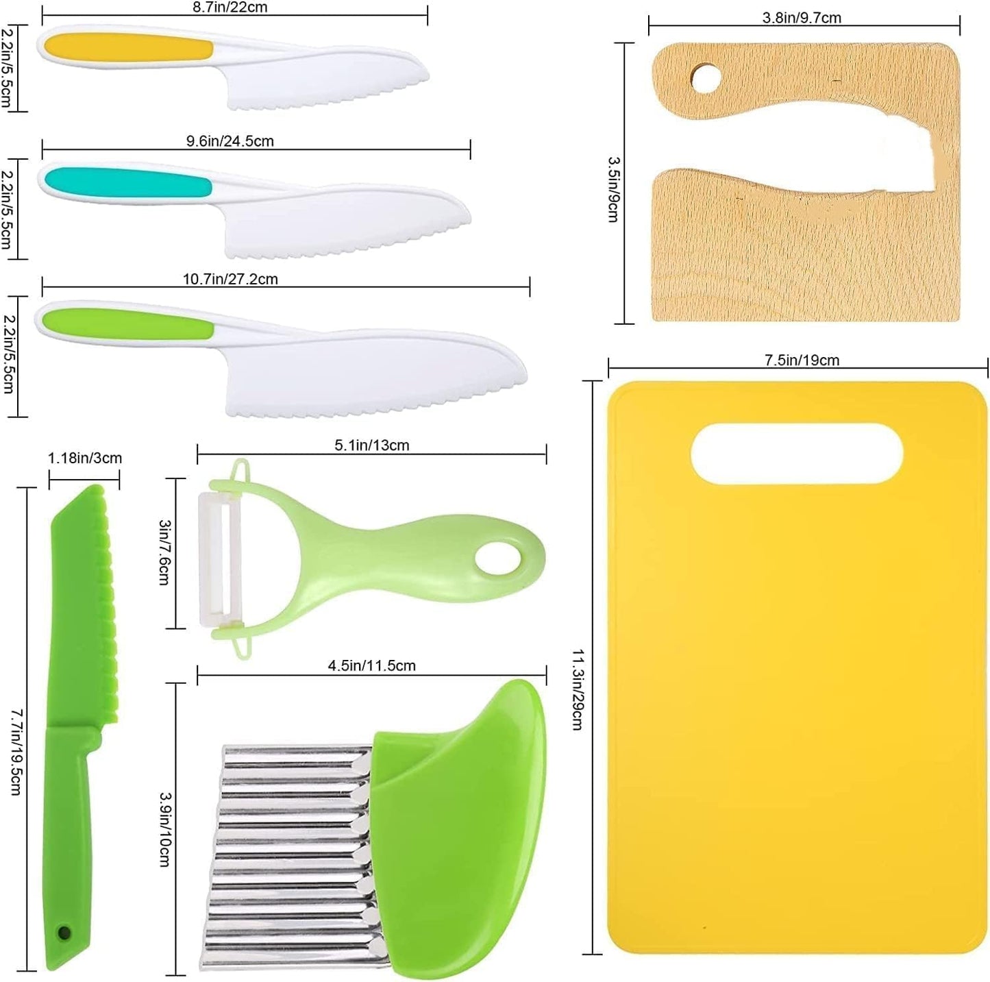 13 Pcs Wooden Kids Kitchen Knife, Kids Knife Set with Gloves Cutting Board Bear Sandwich Cutter Fruit Vegetable Cutters Serrated Edges Plastic Knifes for Real Cooking Kid Safe Knives