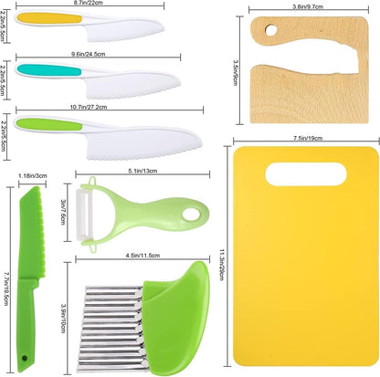 13 Pcs Wooden Kids Kitchen Knife, Kids Knife Set with Gloves Cutting Board Bear Sandwich Cutter Fruit Vegetable Cutters Serrated Edges Plastic Knifes for Real Cooking Kid Safe Knives