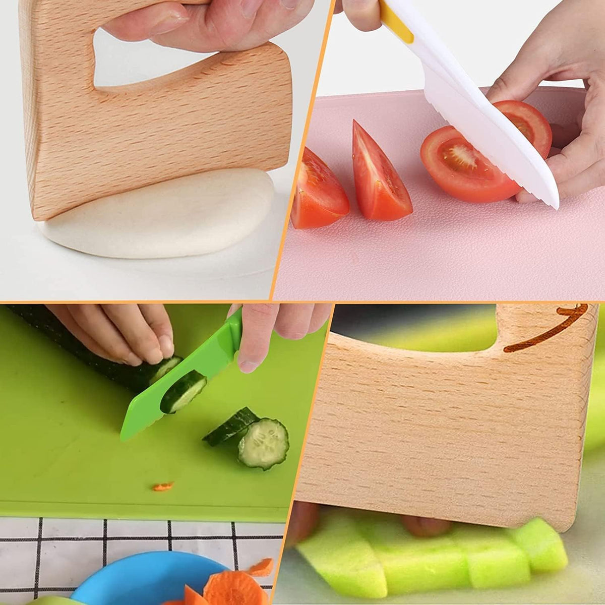 13 Pcs Wooden Kids Kitchen Knife, Kids Knife Set with Gloves Cutting Board Bear Sandwich Cutter Fruit Vegetable Cutters Serrated Edges Plastic Knifes for Real Cooking Kid Safe Knives