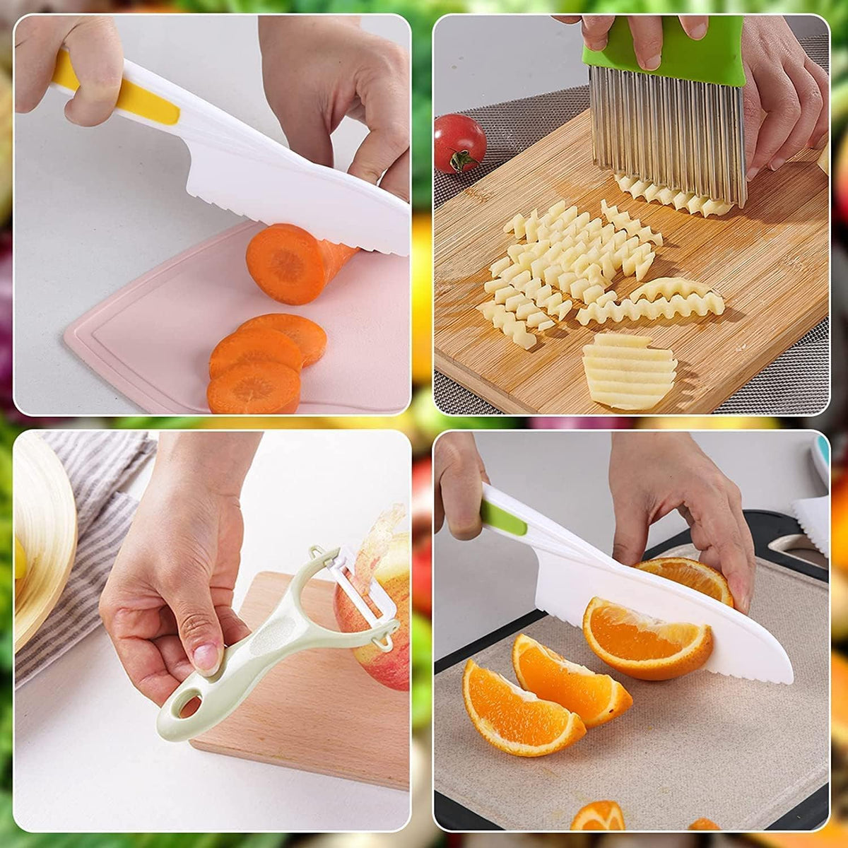 13 Pcs Wooden Kids Kitchen Knife, Kids Knife Set with Gloves Cutting Board Bear Sandwich Cutter Fruit Vegetable Cutters Serrated Edges Plastic Knifes for Real Cooking Kid Safe Knives