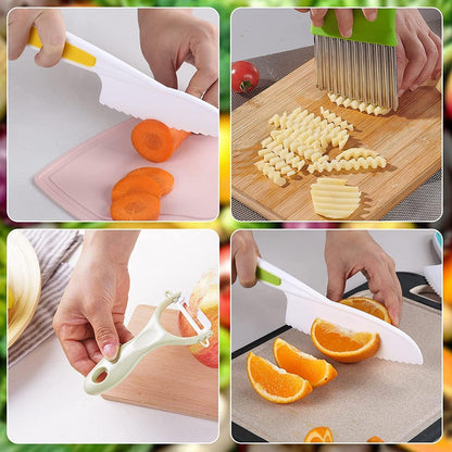13 Pcs Wooden Kids Kitchen Knife, Kids Knife Set with Gloves Cutting Board Bear Sandwich Cutter Fruit Vegetable Cutters Serrated Edges Plastic Knifes for Real Cooking Kid Safe Knives