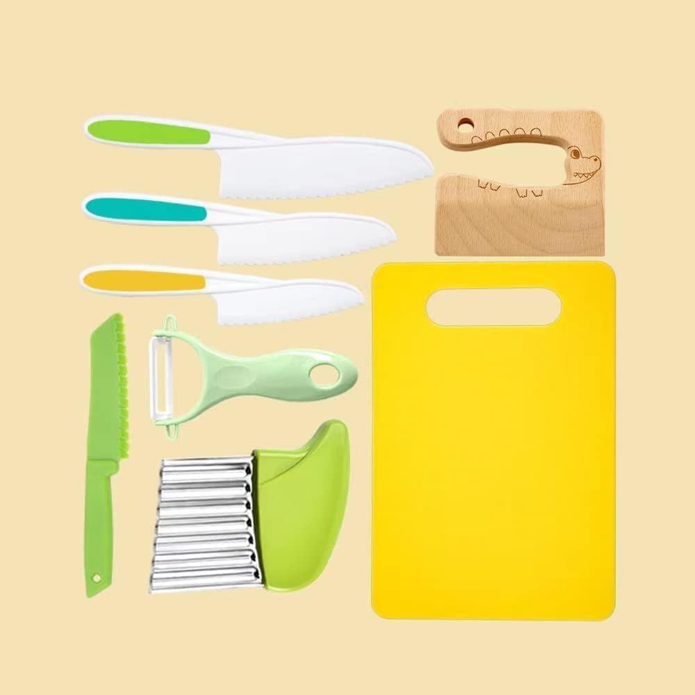 13 Pcs Wooden Kids Kitchen Knife, Kids Knife Set with Gloves Cutting Board Bear Sandwich Cutter Fruit Vegetable Cutters Serrated Edges Plastic Knifes for Real Cooking Kid Safe Knives