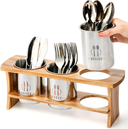 Silverware Holder for Countertop, Stainless Steel Cutlery Utensil Organizer with Bamboo Stand, Flatware Holder for Spoon, Fork, and Knife