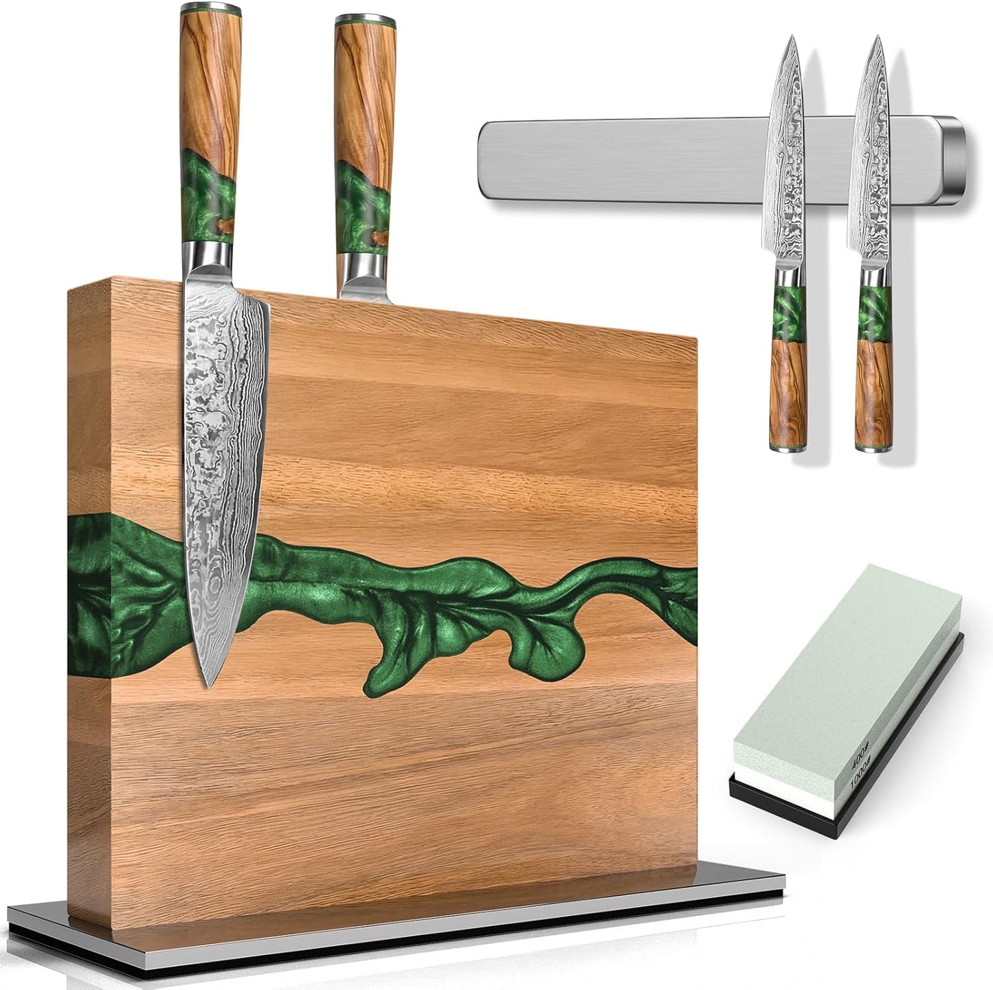 Magnetic Knife Block, 3-Pieces Double Side Magnetic Knife Holder with Sharpening Stone and Stainless Steel Magnetic Knife Strip, Acacia Wood Magnetic Knife Rack and Green Resin,12.6 * 10.03IN