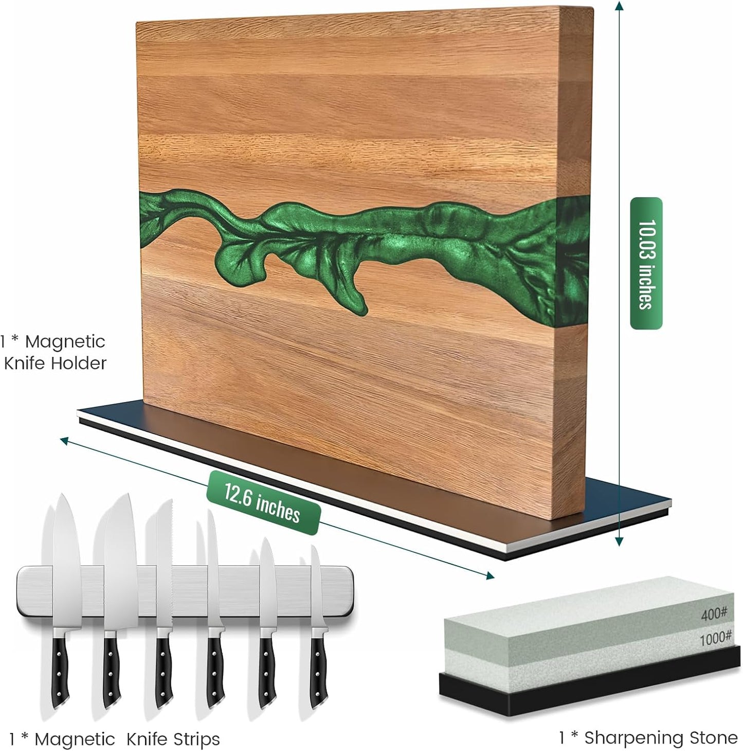 Magnetic Knife Block, 3-Pieces Double Side Magnetic Knife Holder with Sharpening Stone and Stainless Steel Magnetic Knife Strip, Acacia Wood Magnetic Knife Rack and Green Resin,12.6 * 10.03IN