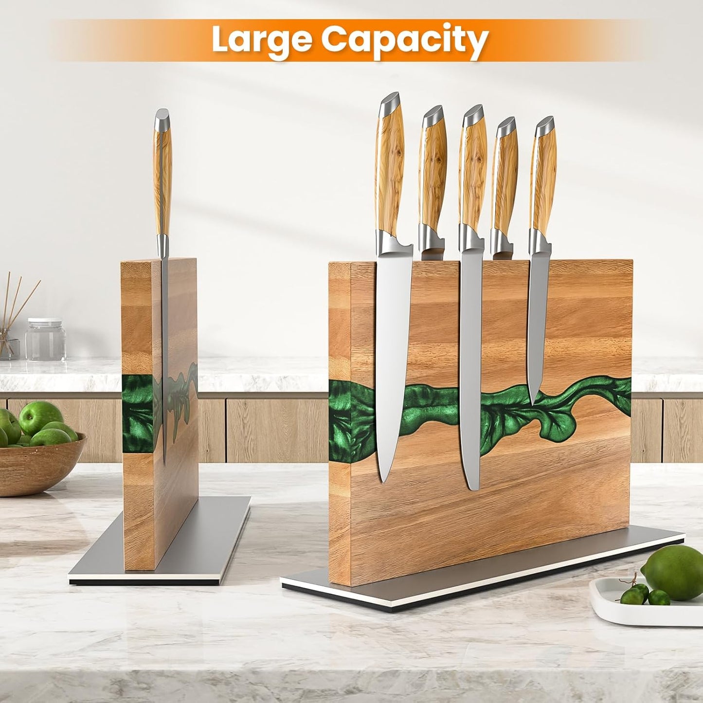 Magnetic Knife Block, 3-Pieces Double Side Magnetic Knife Holder with Sharpening Stone and Stainless Steel Magnetic Knife Strip, Acacia Wood Magnetic Knife Rack and Green Resin,12.6 * 10.03IN