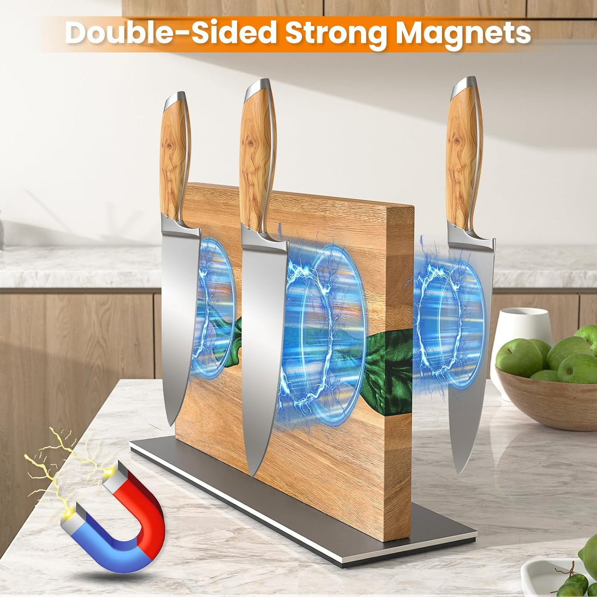 Magnetic Knife Block, 3-Pieces Double Side Magnetic Knife Holder with Sharpening Stone and Stainless Steel Magnetic Knife Strip, Acacia Wood Magnetic Knife Rack and Green Resin,12.6 * 10.03IN