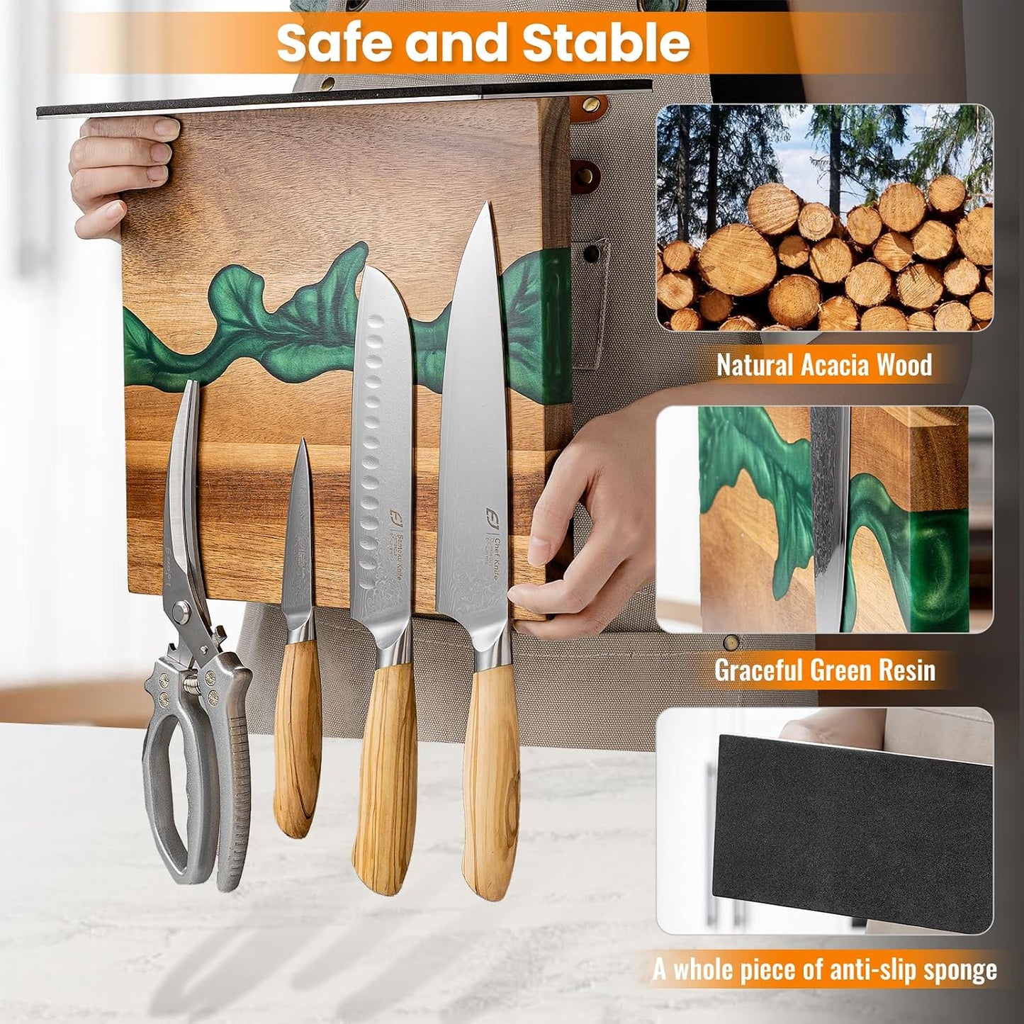Magnetic Knife Block, 3-Pieces Double Side Magnetic Knife Holder with Sharpening Stone and Stainless Steel Magnetic Knife Strip, Acacia Wood Magnetic Knife Rack and Green Resin,12.6 * 10.03IN
