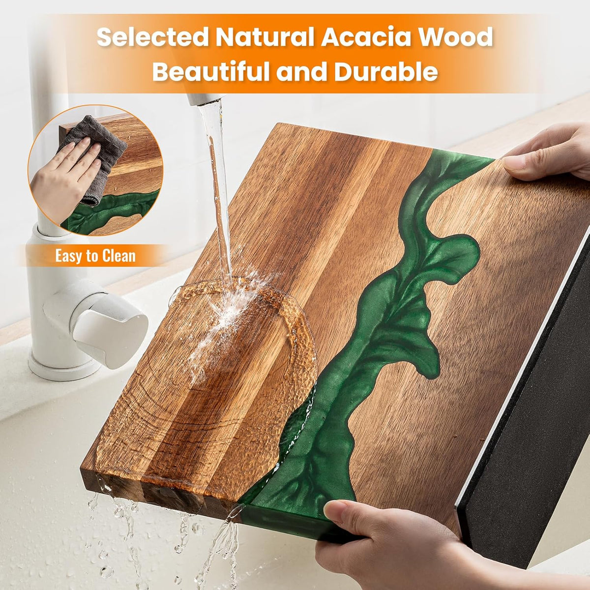 Magnetic Knife Block, 3-Pieces Double Side Magnetic Knife Holder with Sharpening Stone and Stainless Steel Magnetic Knife Strip, Acacia Wood Magnetic Knife Rack and Green Resin,12.6 * 10.03IN