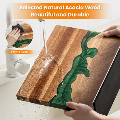 Magnetic Knife Block, 3-Pieces Double Side Magnetic Knife Holder with Sharpening Stone and Stainless Steel Magnetic Knife Strip, Acacia Wood Magnetic Knife Rack and Green Resin,12.6 * 10.03IN