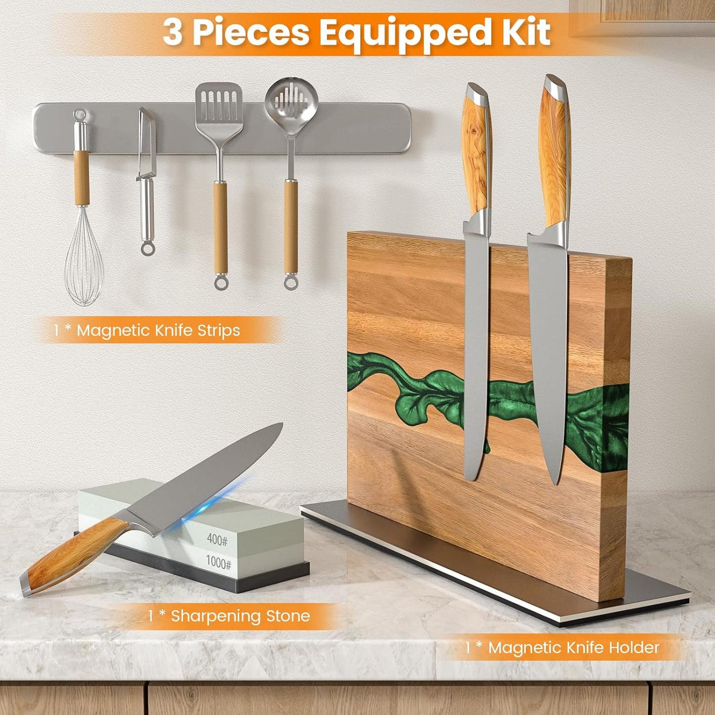 Magnetic Knife Block, 3-Pieces Double Side Magnetic Knife Holder with Sharpening Stone and Stainless Steel Magnetic Knife Strip, Acacia Wood Magnetic Knife Rack and Green Resin,12.6 * 10.03IN