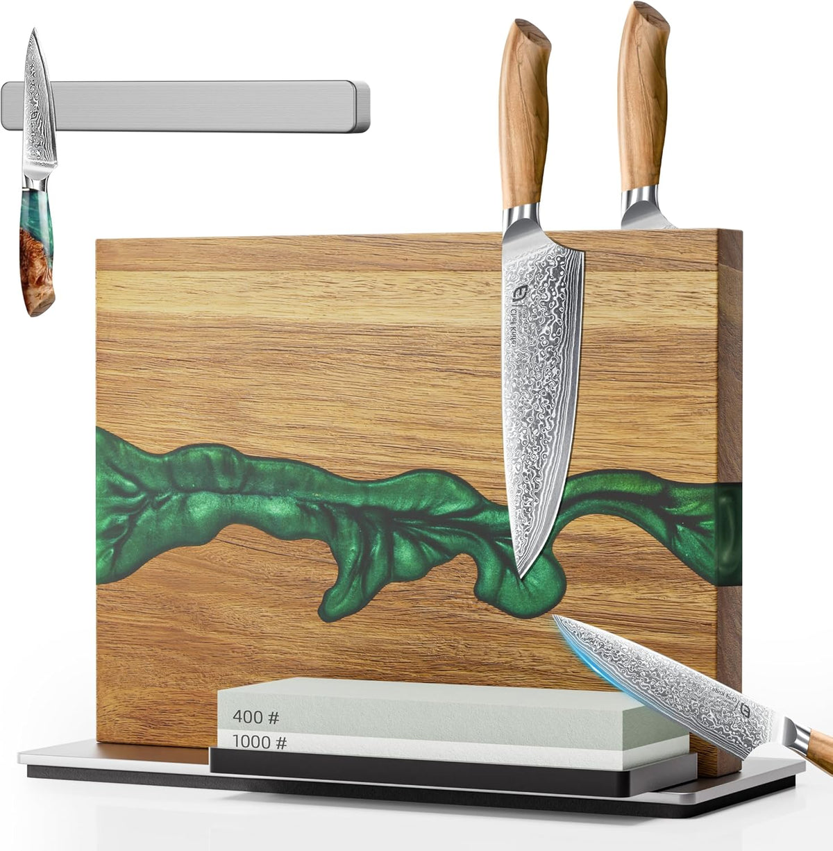 Magnetic Knife Block, 3-Pieces Double Side Magnetic Knife Holder with Sharpening Stone and Stainless Steel Magnetic Knife Strip, Acacia Wood Magnetic Knife Rack and Green Resin,12.6 * 10.03IN