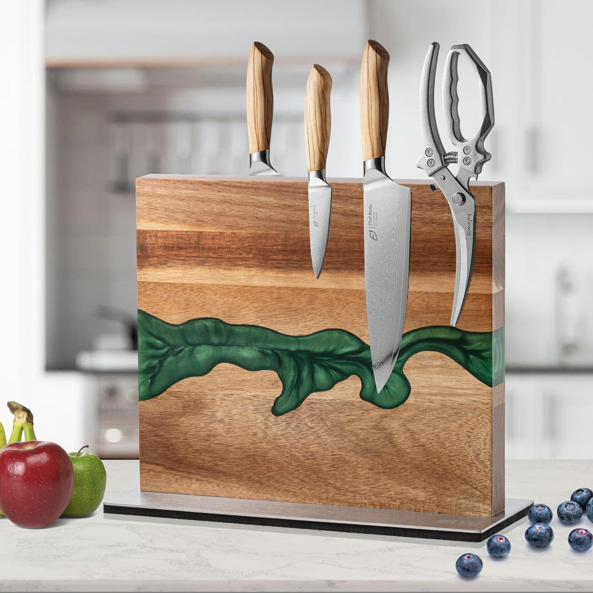 Magnetic Knife Block, 3-Pieces Double Side Magnetic Knife Holder with Sharpening Stone and Stainless Steel Magnetic Knife Strip, Acacia Wood Magnetic Knife Rack and Green Resin,12.6 * 10.03IN