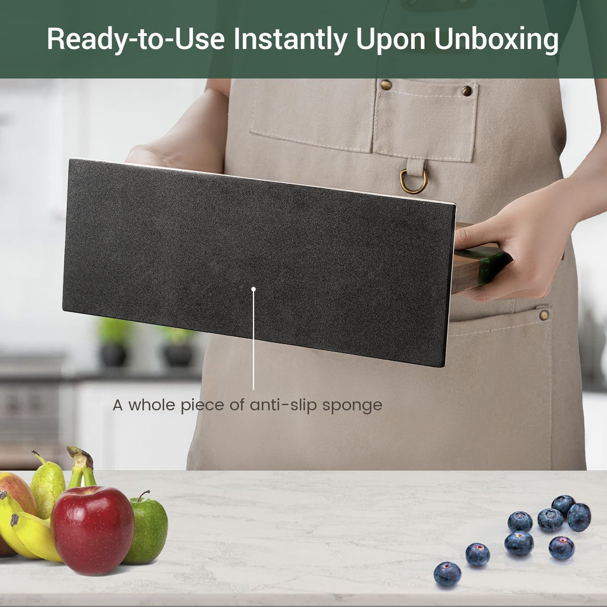 Magnetic Knife Block, 3-Pieces Double Side Magnetic Knife Holder with Sharpening Stone and Stainless Steel Magnetic Knife Strip, Acacia Wood Magnetic Knife Rack and Green Resin,12.6 * 10.03IN