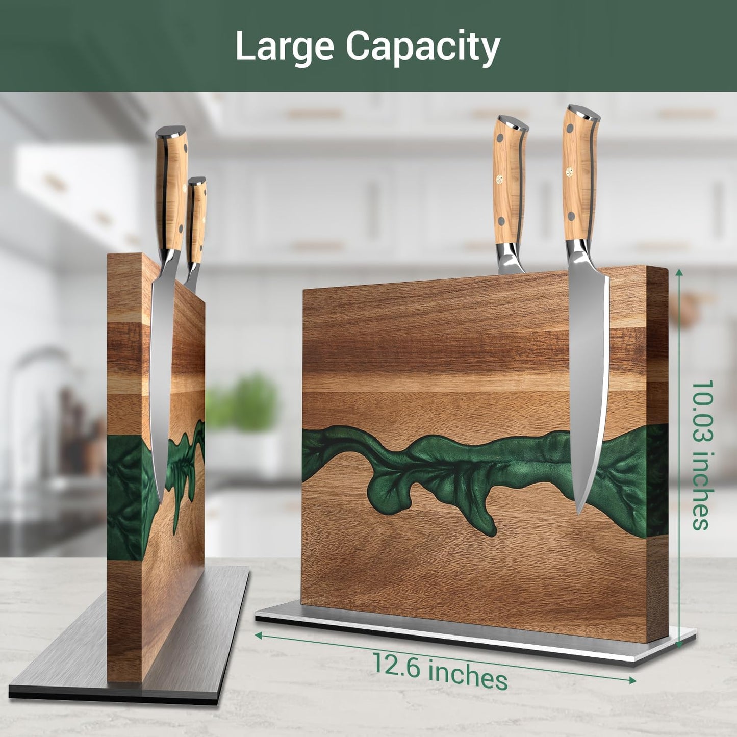 Magnetic Knife Block, 3-Pieces Double Side Magnetic Knife Holder with Sharpening Stone and Stainless Steel Magnetic Knife Strip, Acacia Wood Magnetic Knife Rack and Green Resin,12.6 * 10.03IN