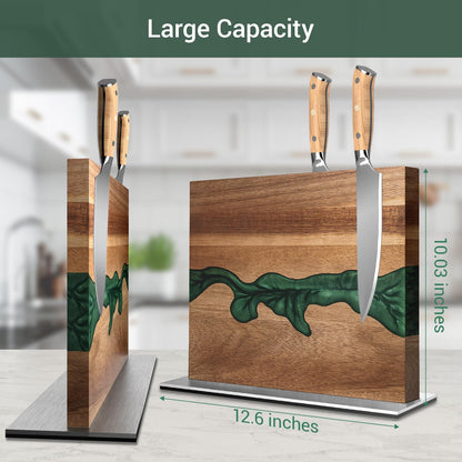 Magnetic Knife Block, 3-Pieces Double Side Magnetic Knife Holder with Sharpening Stone and Stainless Steel Magnetic Knife Strip, Acacia Wood Magnetic Knife Rack and Green Resin,12.6 * 10.03IN
