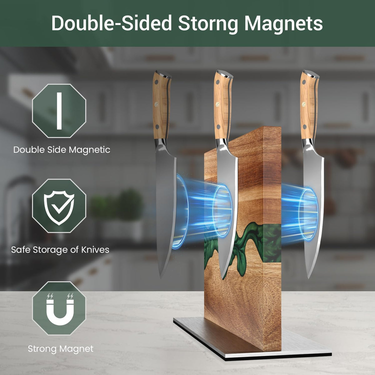 Magnetic Knife Block, 3-Pieces Double Side Magnetic Knife Holder with Sharpening Stone and Stainless Steel Magnetic Knife Strip, Acacia Wood Magnetic Knife Rack and Green Resin,12.6 * 10.03IN