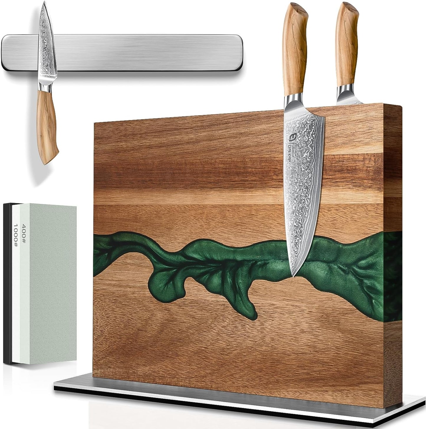 Magnetic Knife Block, 3-Pieces Double Side Magnetic Knife Holder with Sharpening Stone and Stainless Steel Magnetic Knife Strip, Acacia Wood Magnetic Knife Rack and Green Resin,12.6 * 10.03IN