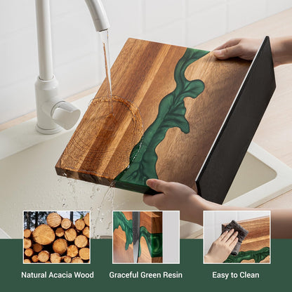 Magnetic Knife Block, 3-Pieces Double Side Magnetic Knife Holder with Sharpening Stone and Stainless Steel Magnetic Knife Strip, Acacia Wood Magnetic Knife Rack and Green Resin,12.6 * 10.03IN