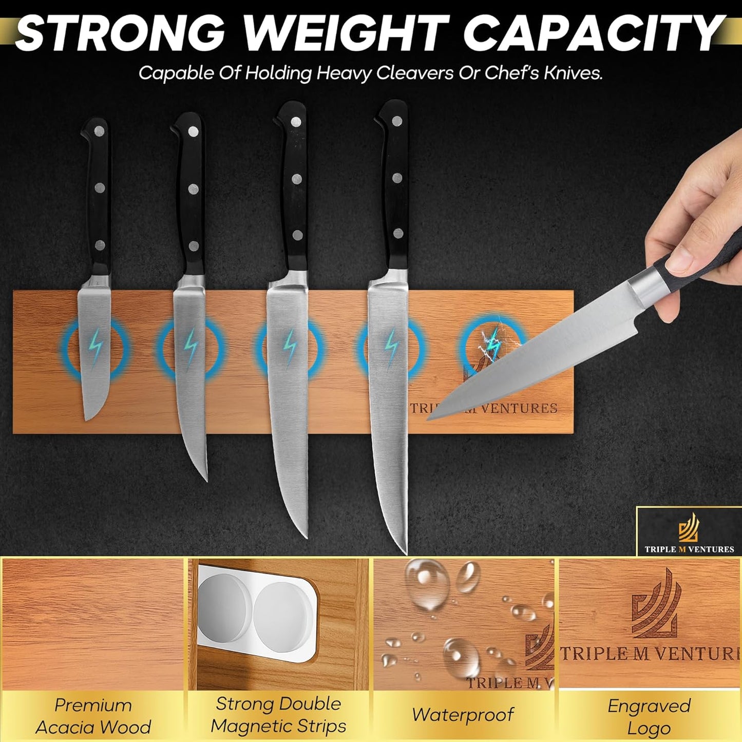 Magnetic Knife Holder – Premium Acacia Wood Knife Storage with Double-Sided Magnetic Strip, Anti-Slip Base – Elegant Countertop & Wall-Mounted Knife Organizer for Kitchen Tools