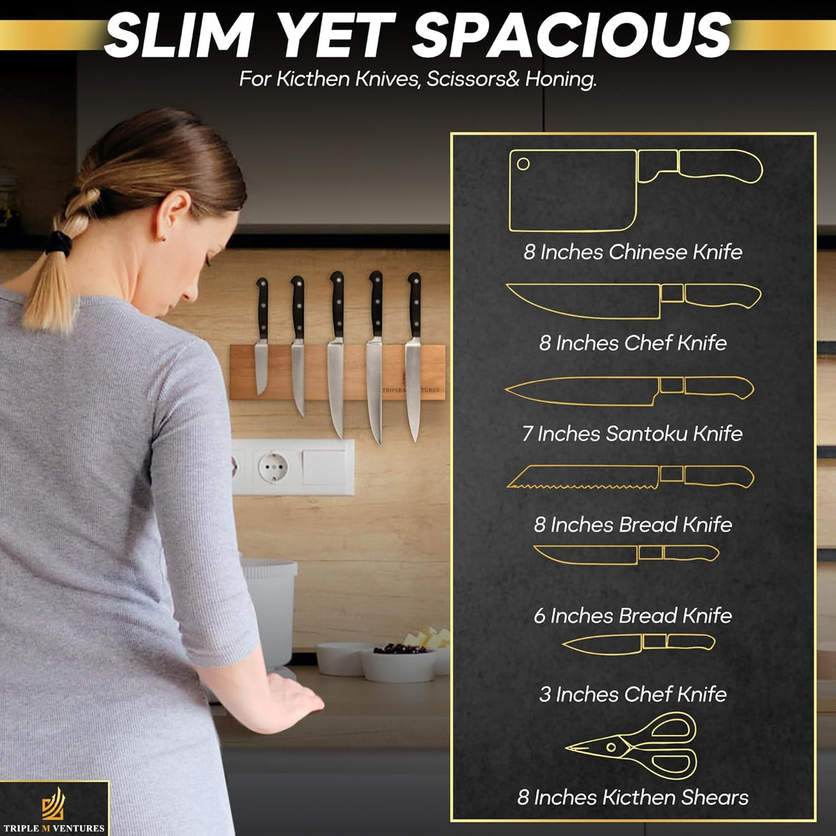Magnetic Knife Holder – Premium Acacia Wood Knife Storage with Double-Sided Magnetic Strip, Anti-Slip Base – Elegant Countertop & Wall-Mounted Knife Organizer for Kitchen Tools