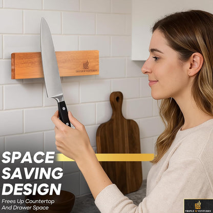 Magnetic Knife Holder – Premium Acacia Wood Knife Storage with Double-Sided Magnetic Strip, Anti-Slip Base – Elegant Countertop & Wall-Mounted Knife Organizer for Kitchen Tools