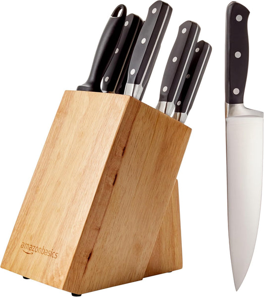 9-Piece High-Carbon Stainless Steel Kitchen Knife Set with Ergonomic Handles, Full Tang Construction, Pine Wood Block, Black