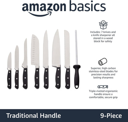 9-Piece High-Carbon Stainless Steel Kitchen Knife Set with Ergonomic Handles, Full Tang Construction, Pine Wood Block, Black