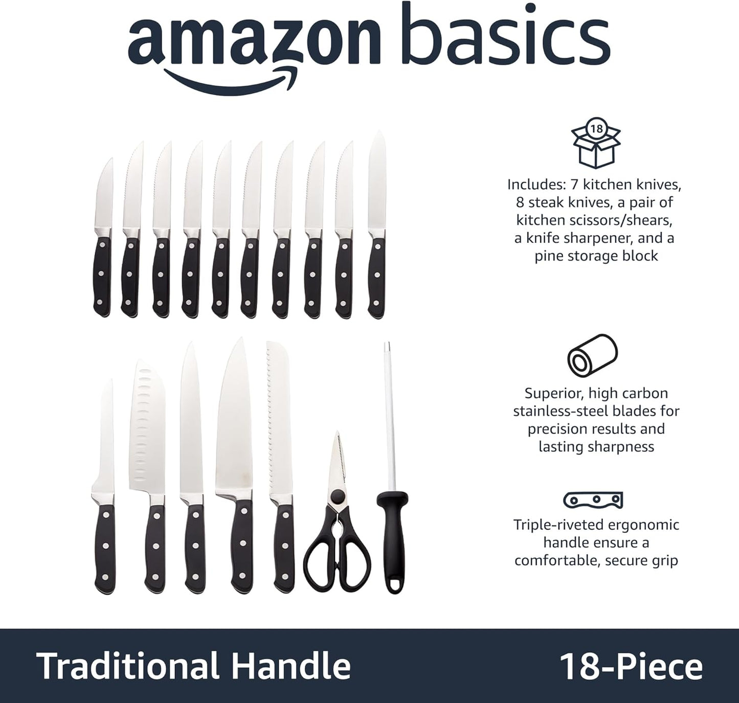 9-Piece High-Carbon Stainless Steel Kitchen Knife Set with Ergonomic Handles, Full Tang Construction, Pine Wood Block, Black