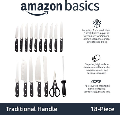 9-Piece High-Carbon Stainless Steel Kitchen Knife Set with Ergonomic Handles, Full Tang Construction, Pine Wood Block, Black