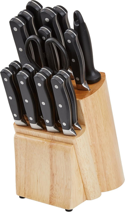 9-Piece High-Carbon Stainless Steel Kitchen Knife Set with Ergonomic Handles, Full Tang Construction, Pine Wood Block, Black