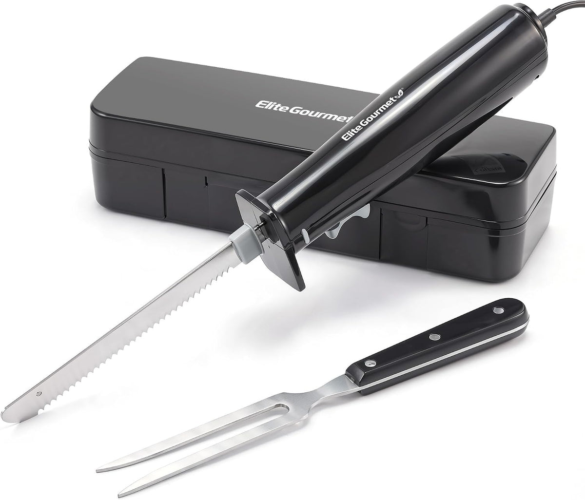 Electric Knife Set for Carving Meats, Bread & More. Pressure-activated On/Off Switch, Safety Lock, 2 Serrated Stainless-Steel Blade Sets, Storage Case, Carving/Serving Fork, Black