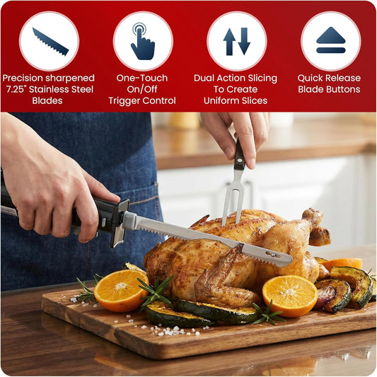 Electric Knife Set for Carving Meats, Bread & More. Pressure-activated On/Off Switch, Safety Lock, 2 Serrated Stainless-Steel Blade Sets, Storage Case, Carving/Serving Fork, Black