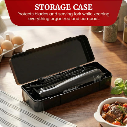 Electric Knife Set for Carving Meats, Bread & More. Pressure-activated On/Off Switch, Safety Lock, 2 Serrated Stainless-Steel Blade Sets, Storage Case, Carving/Serving Fork, Black