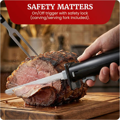 Electric Knife Set for Carving Meats, Bread & More. Pressure-activated On/Off Switch, Safety Lock, 2 Serrated Stainless-Steel Blade Sets, Storage Case, Carving/Serving Fork, Black