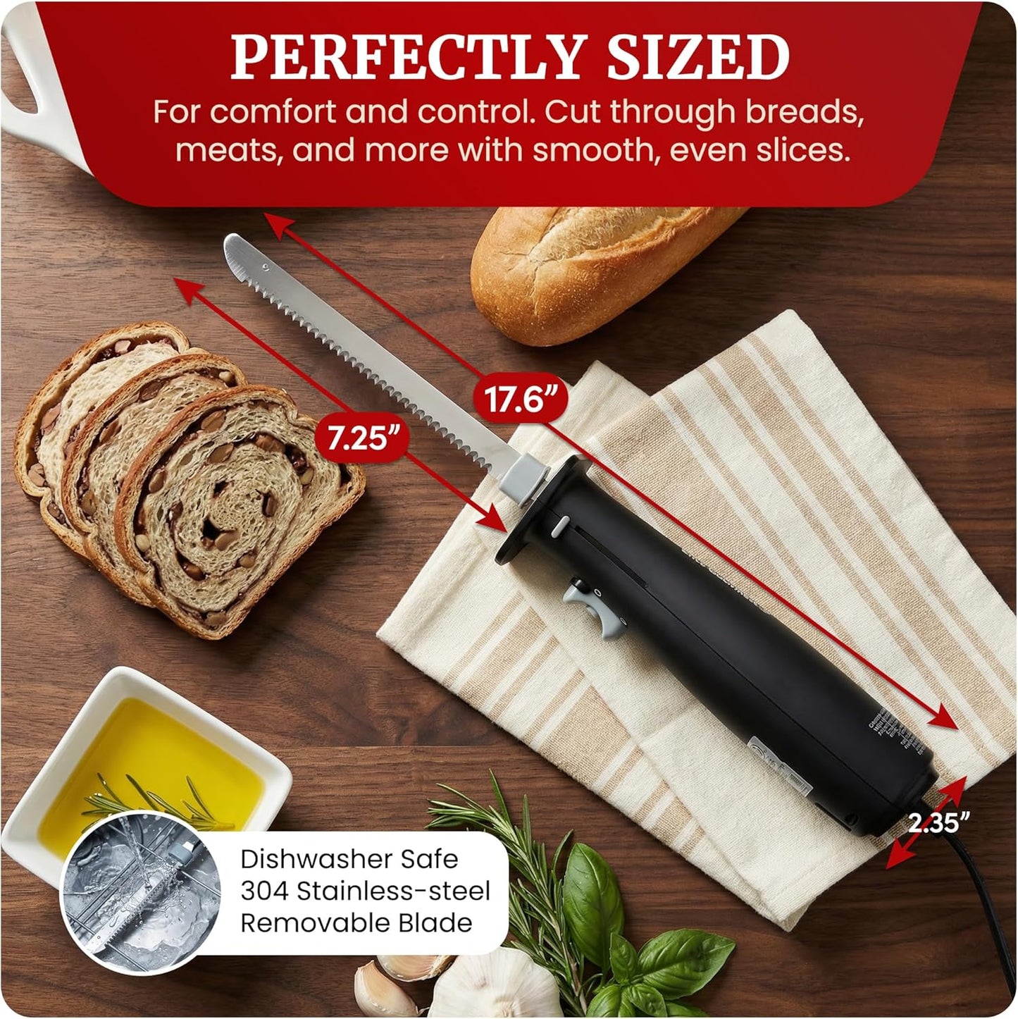 Electric Knife Set for Carving Meats, Bread & More. Pressure-activated On/Off Switch, Safety Lock, 2 Serrated Stainless-Steel Blade Sets, Storage Case, Carving/Serving Fork, Black