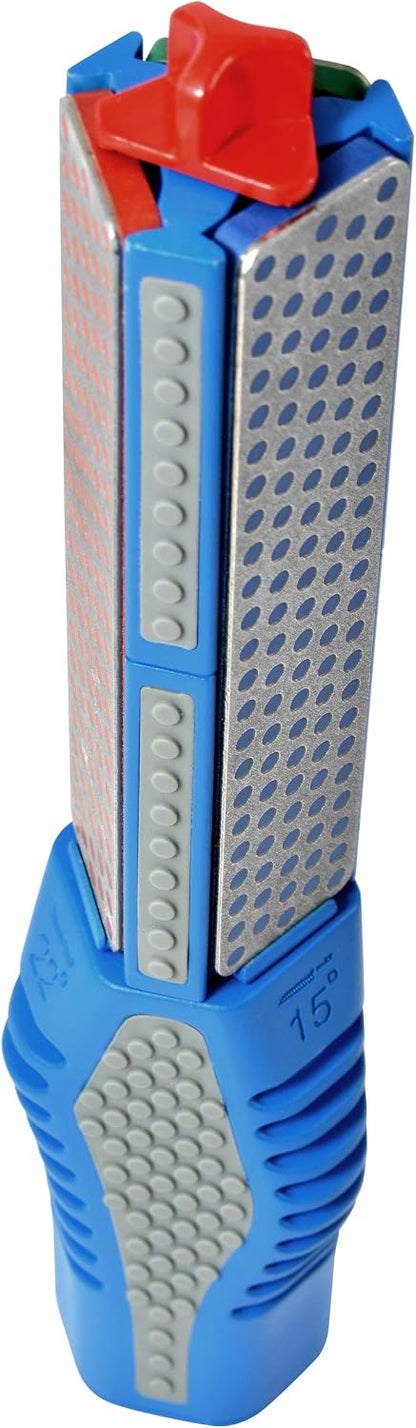 DMT Tristone Rotator Kitchen Knife Sharpener, Fine/Coarse/Extra-Fine Diamond Sharpening Stones, 15, 20 & 22° Angle Guides, Hunting Knife Sharpener with Non-Slip Handle, 8.75" L x 1.75" W x 1.5" H