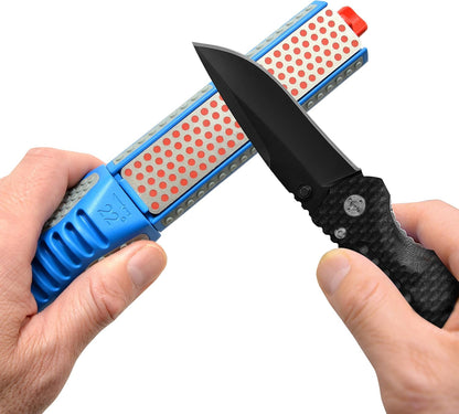 DMT Tristone Rotator Kitchen Knife Sharpener, Fine/Coarse/Extra-Fine Diamond Sharpening Stones, 15, 20 & 22° Angle Guides, Hunting Knife Sharpener with Non-Slip Handle, 8.75" L x 1.75" W x 1.5" H