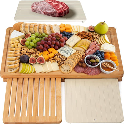 Bamboo Cutting Board Set with Defrosting Tray, Wood Cutting Boards for Kitchen with Deep Juice Grooves & Built-in Organizer Meal Prep Charcuterie& Chopping Board for Meat, Vegetables and Bread