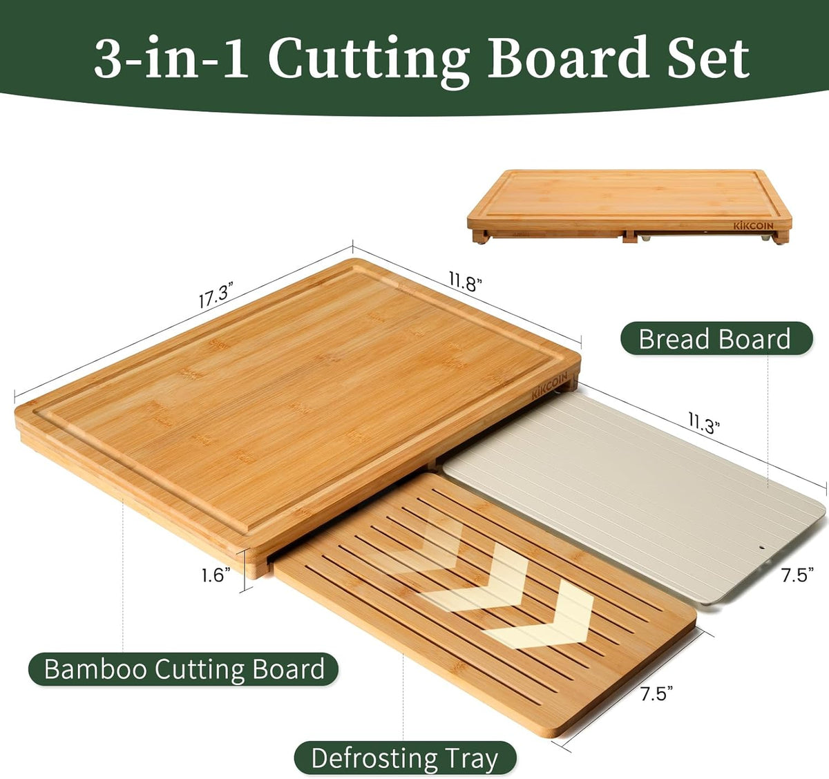 Bamboo Cutting Board Set with Defrosting Tray, Wood Cutting Boards for Kitchen with Deep Juice Grooves & Built-in Organizer Meal Prep Charcuterie& Chopping Board for Meat, Vegetables and Bread