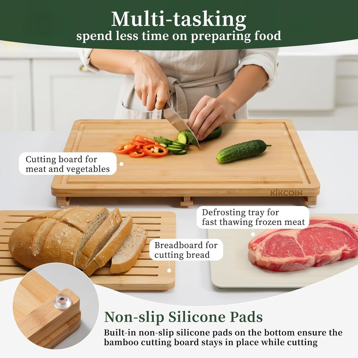 Bamboo Cutting Board Set with Defrosting Tray, Wood Cutting Boards for Kitchen with Deep Juice Grooves & Built-in Organizer Meal Prep Charcuterie& Chopping Board for Meat, Vegetables and Bread