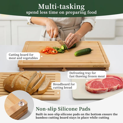 Bamboo Cutting Board Set with Defrosting Tray, Wood Cutting Boards for Kitchen with Deep Juice Grooves & Built-in Organizer Meal Prep Charcuterie& Chopping Board for Meat, Vegetables and Bread