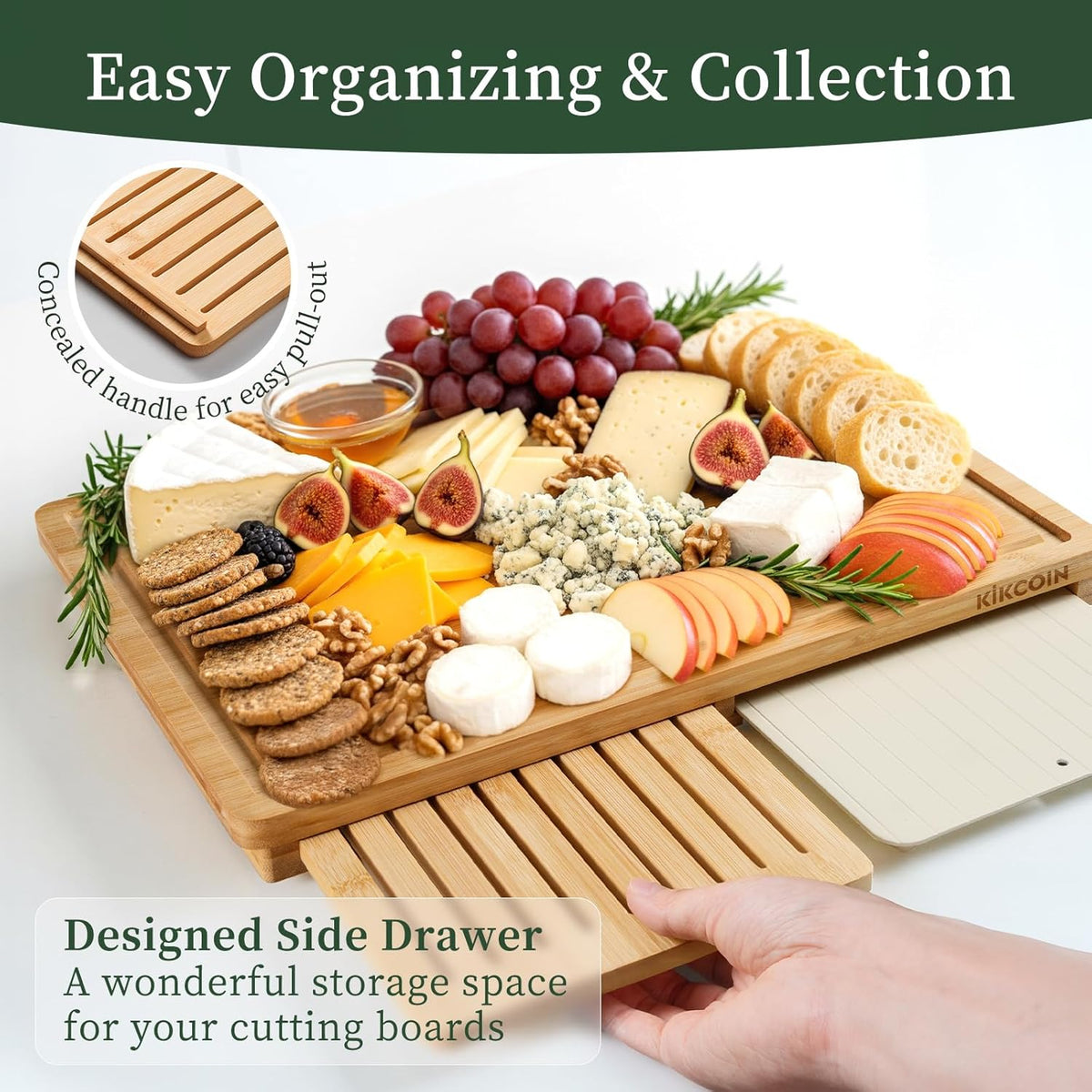 Bamboo Cutting Board Set with Defrosting Tray, Wood Cutting Boards for Kitchen with Deep Juice Grooves & Built-in Organizer Meal Prep Charcuterie& Chopping Board for Meat, Vegetables and Bread
